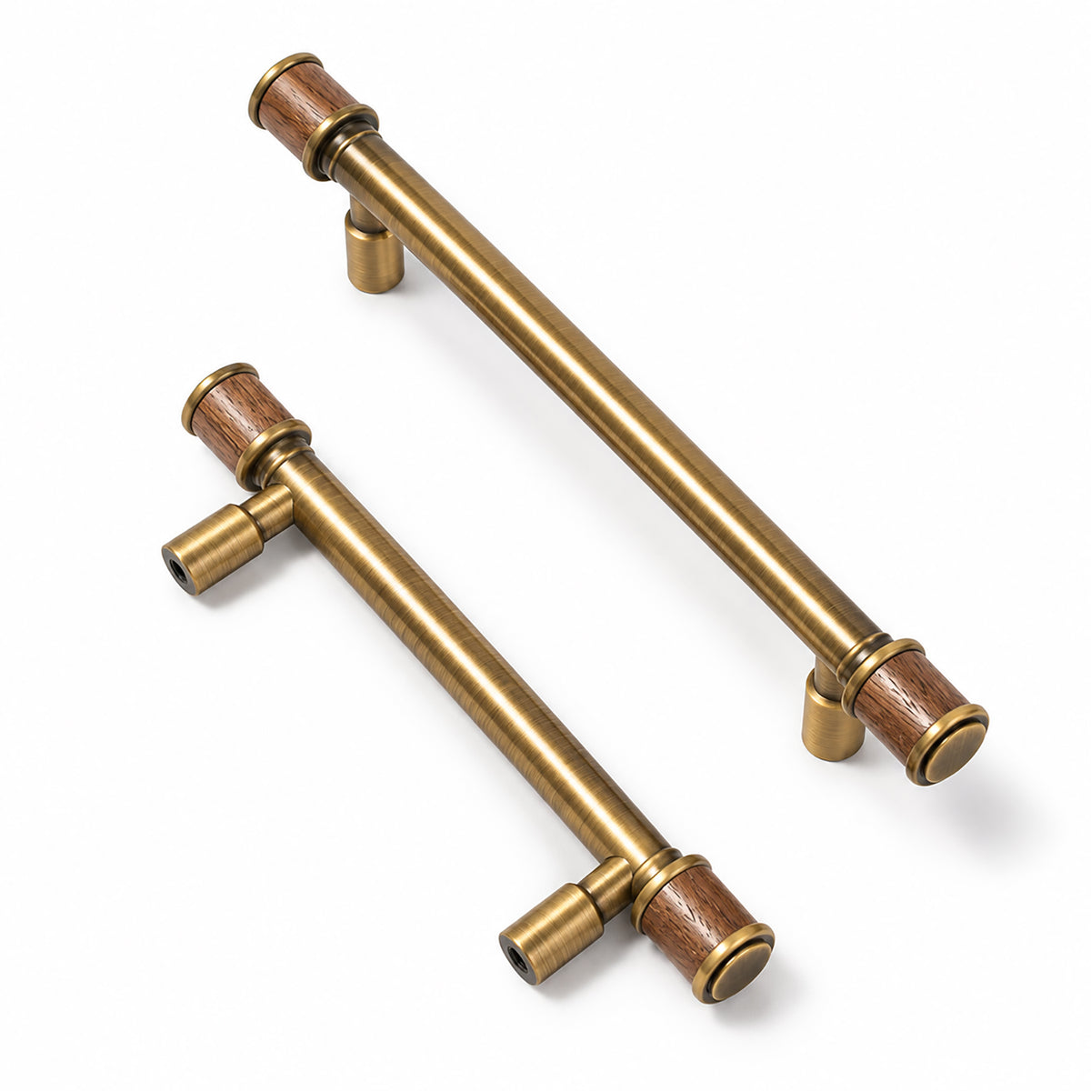 Side and mounting view of brass bar cabinet pulls with dark wood end sleeves.