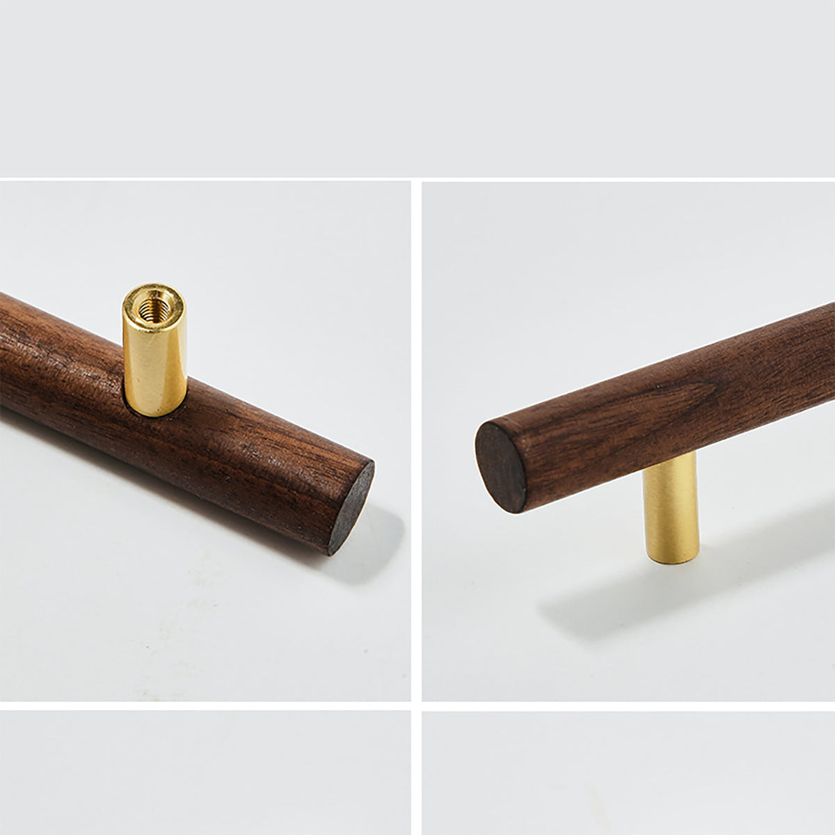Walnut wood bar cabinet pull with brass mounts, showing front and back installation details.
