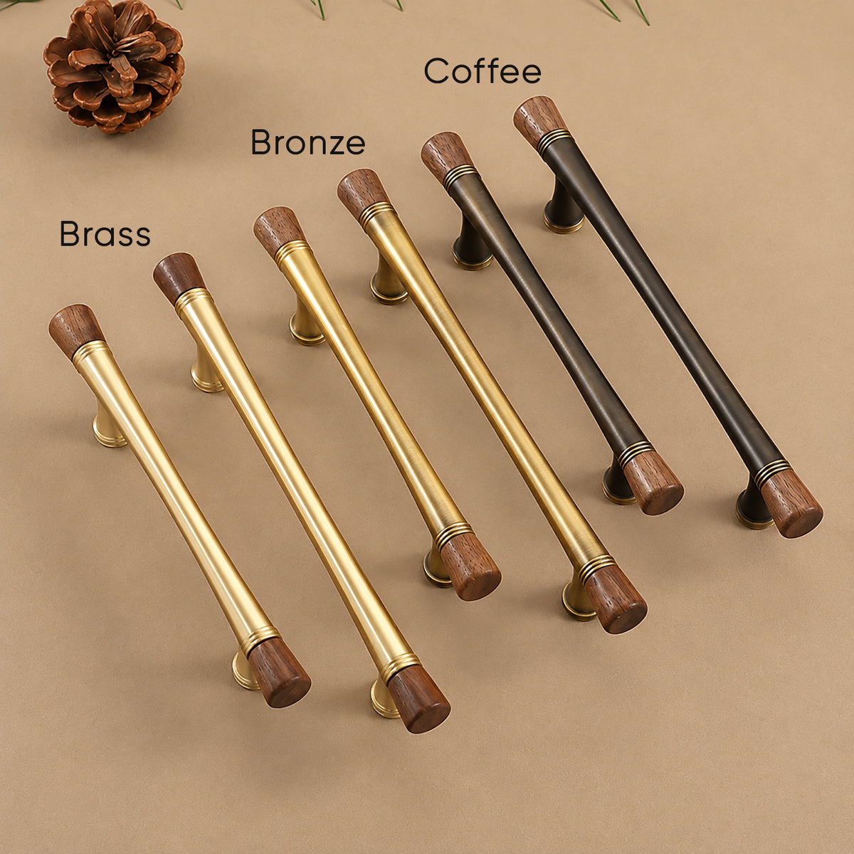 Brass, bronze and coffee-finish bar pulls with dark wood ends in a side-by-side finish comparison.