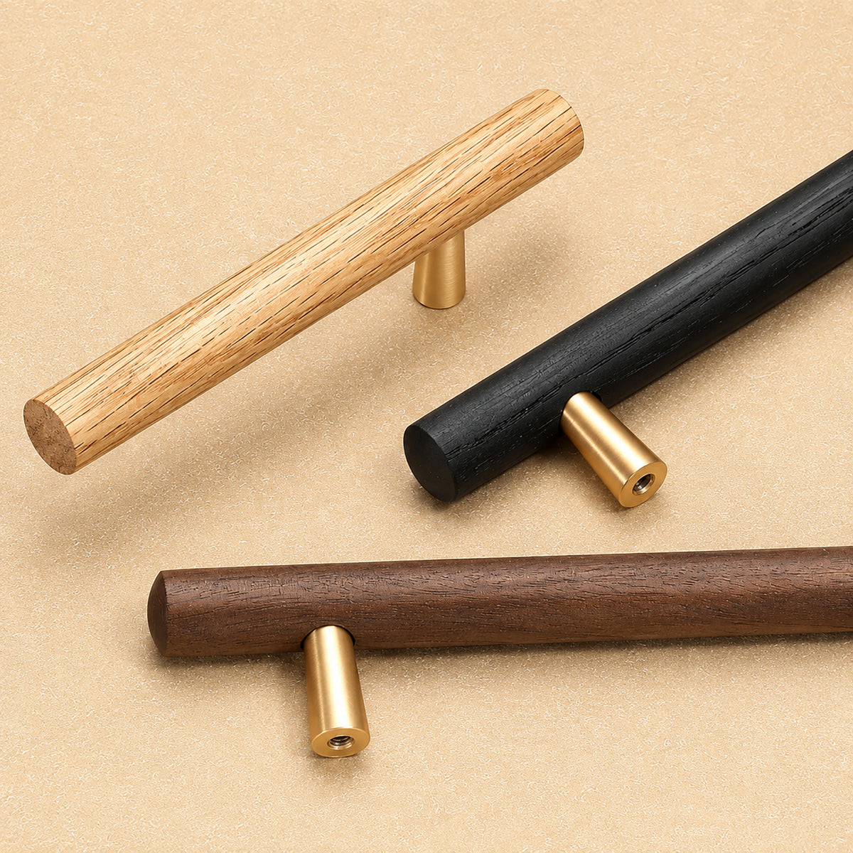White oak, black oak and walnut bar cabinet pulls with gold-colored mounts.