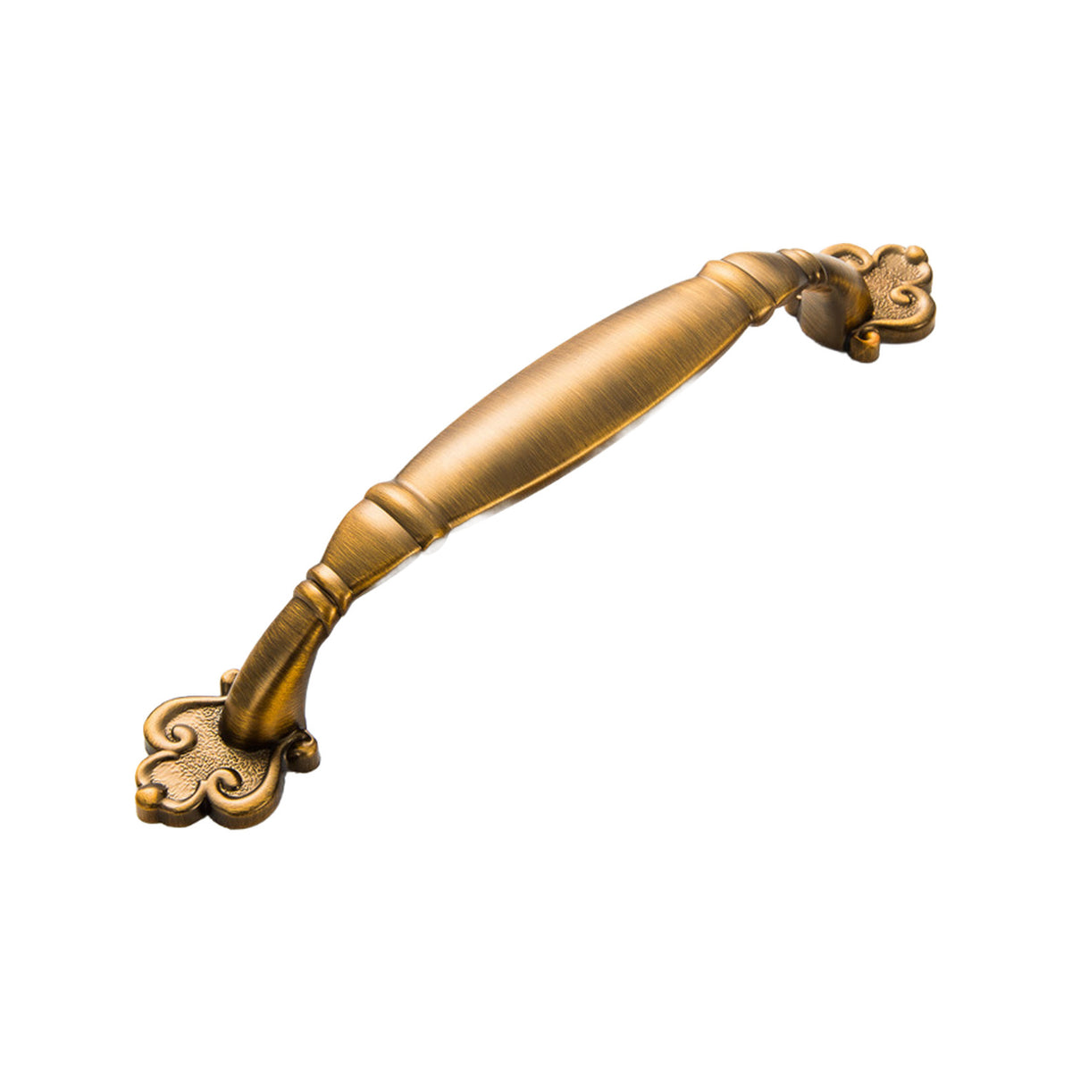 Bar pull with a tapered spindle grip and scrollwork end plates, variant #11, 128 mm.