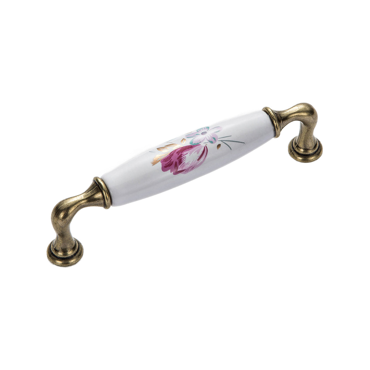 Bar pull with a white floral center and curved end mounts, variant #2, 128 mm.