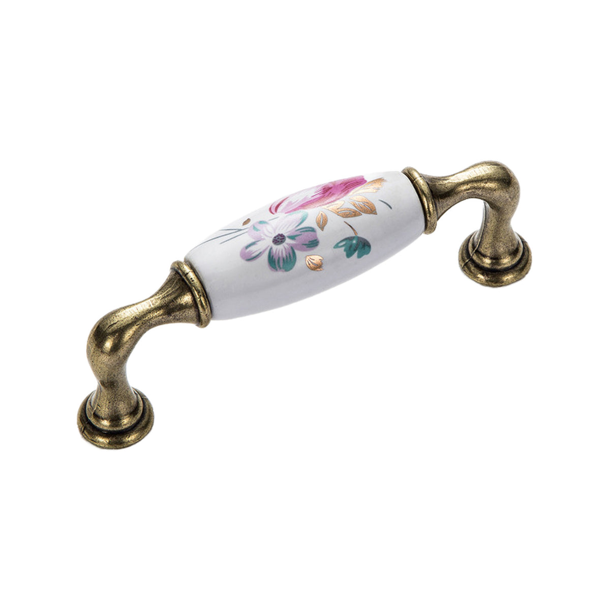 Bar pull with a white floral center and curved end mounts, variant #2, 96 mm.