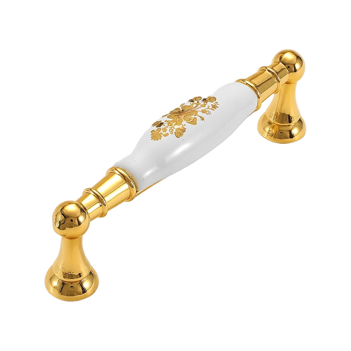 Bar pull with a white floral-patterned grip and gold-tone pedestal mounts, option #6, 128 mm.