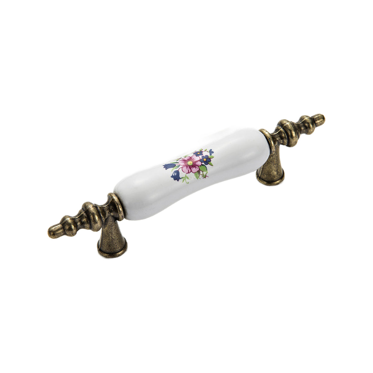 Bar pull with a white floral-print grip and ornate bronze-tone ends, option #7, 76 mm.