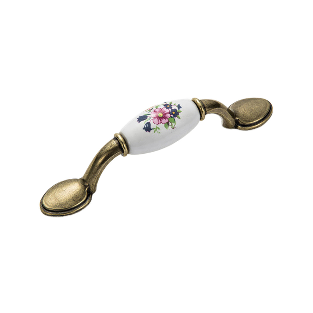 Bar pull with a white floral-print grip and bronze-tone oval end mounts, option #5, 76 mm.