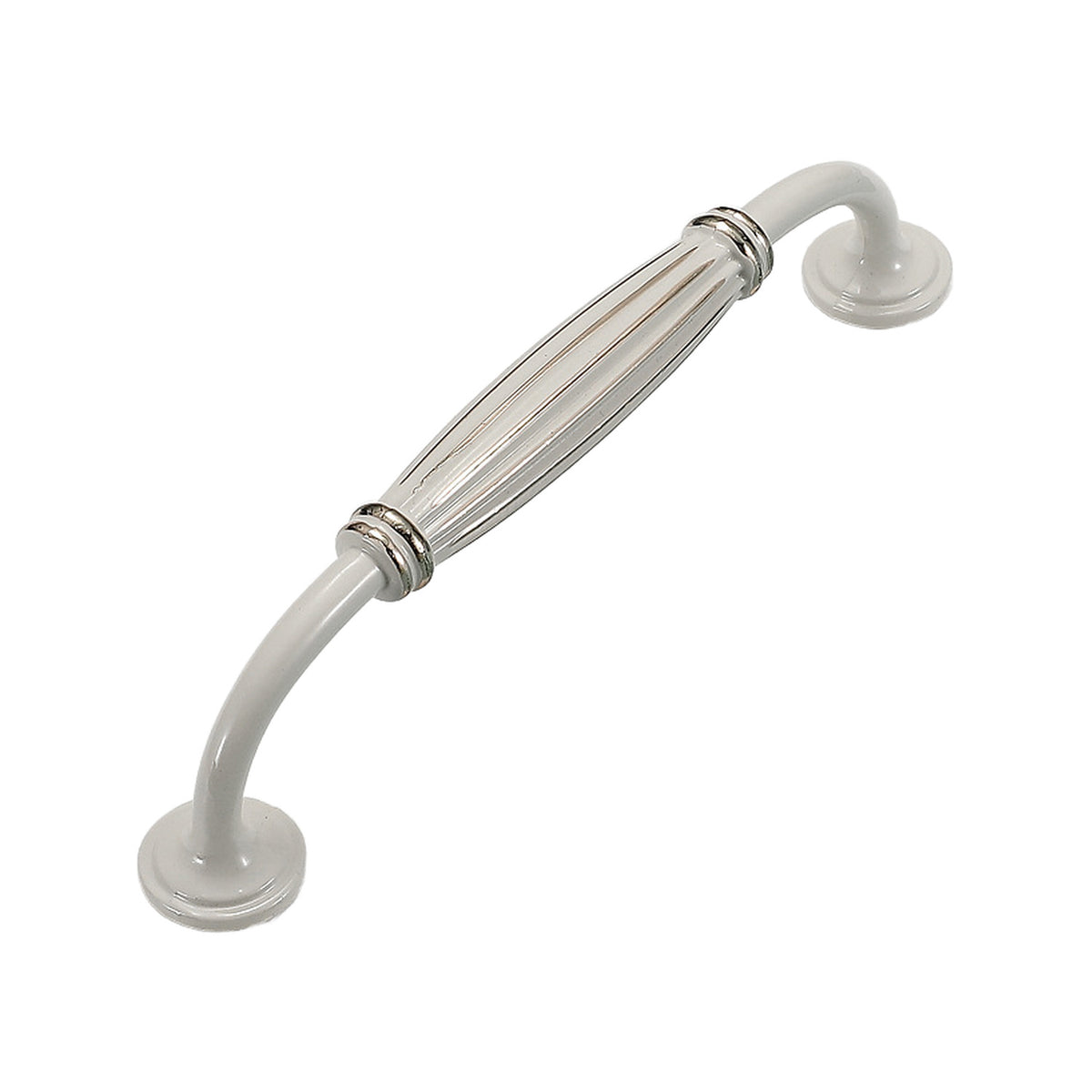White bar pull with a fluted center, curved arms and round mounts, option No. 16, 128 mm.