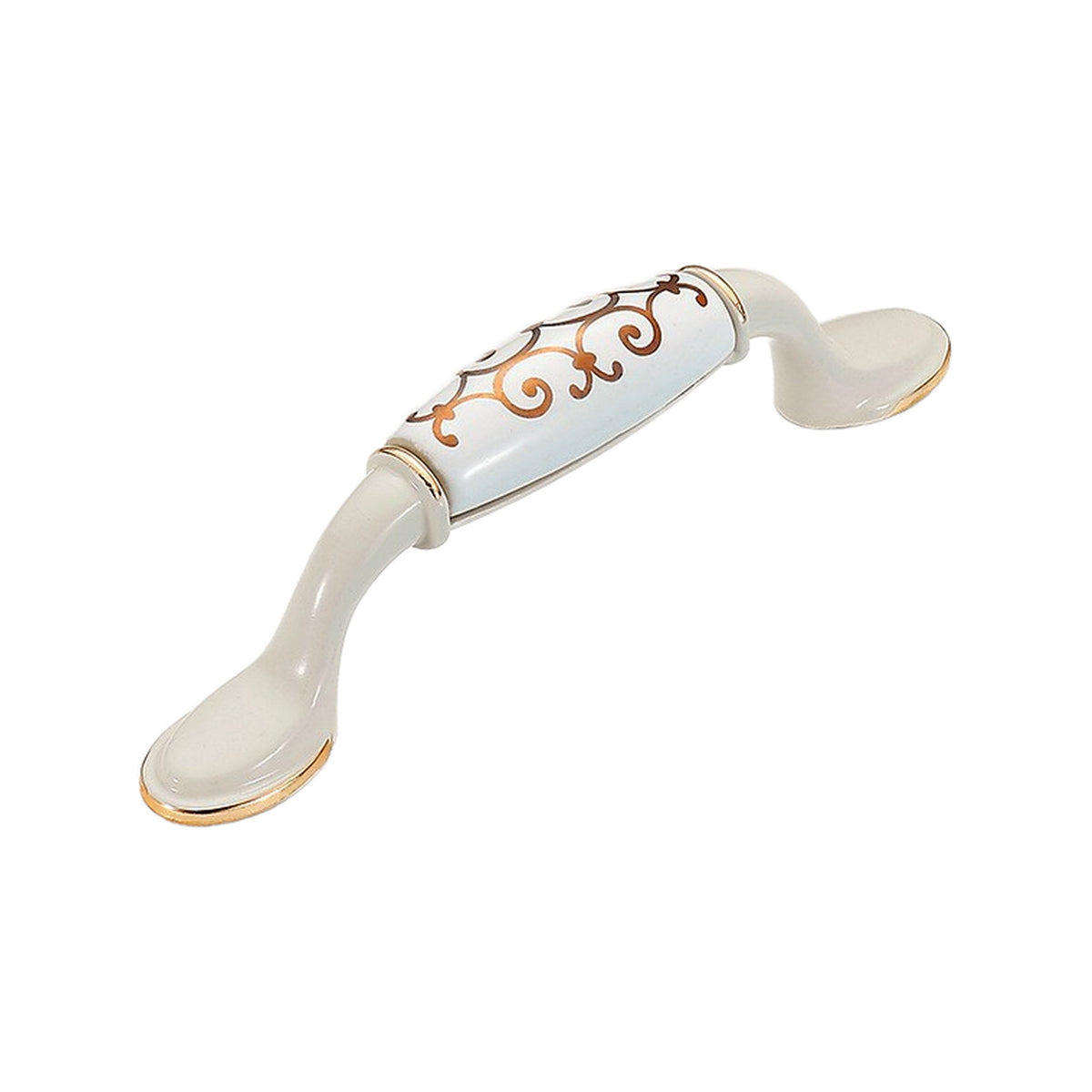 White bar pull with a ceramic center, gold-tone scroll pattern and curved feet, option No. 9.
