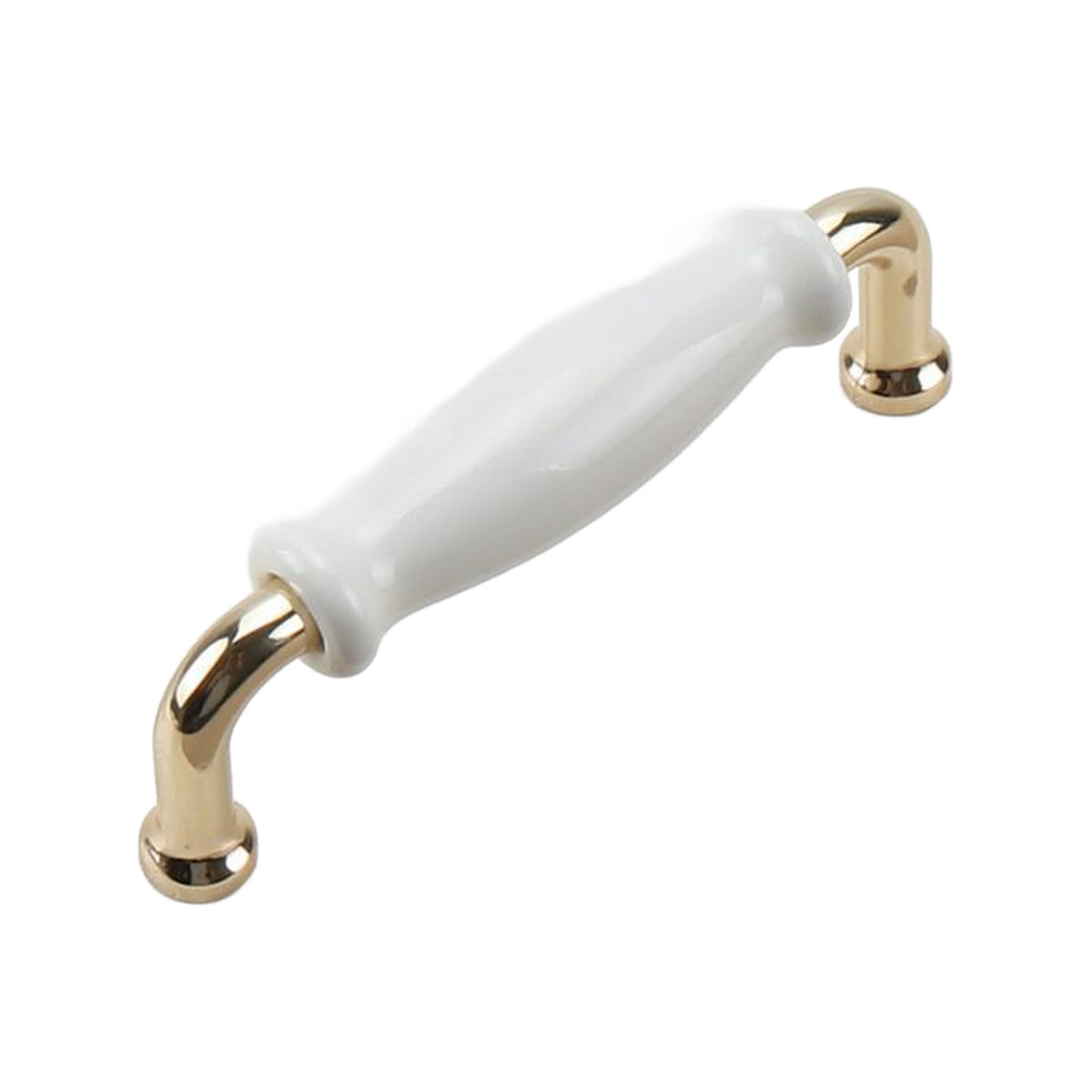 Bar pull with a white tapered grip and gold-tone end mounts, 96 mm.