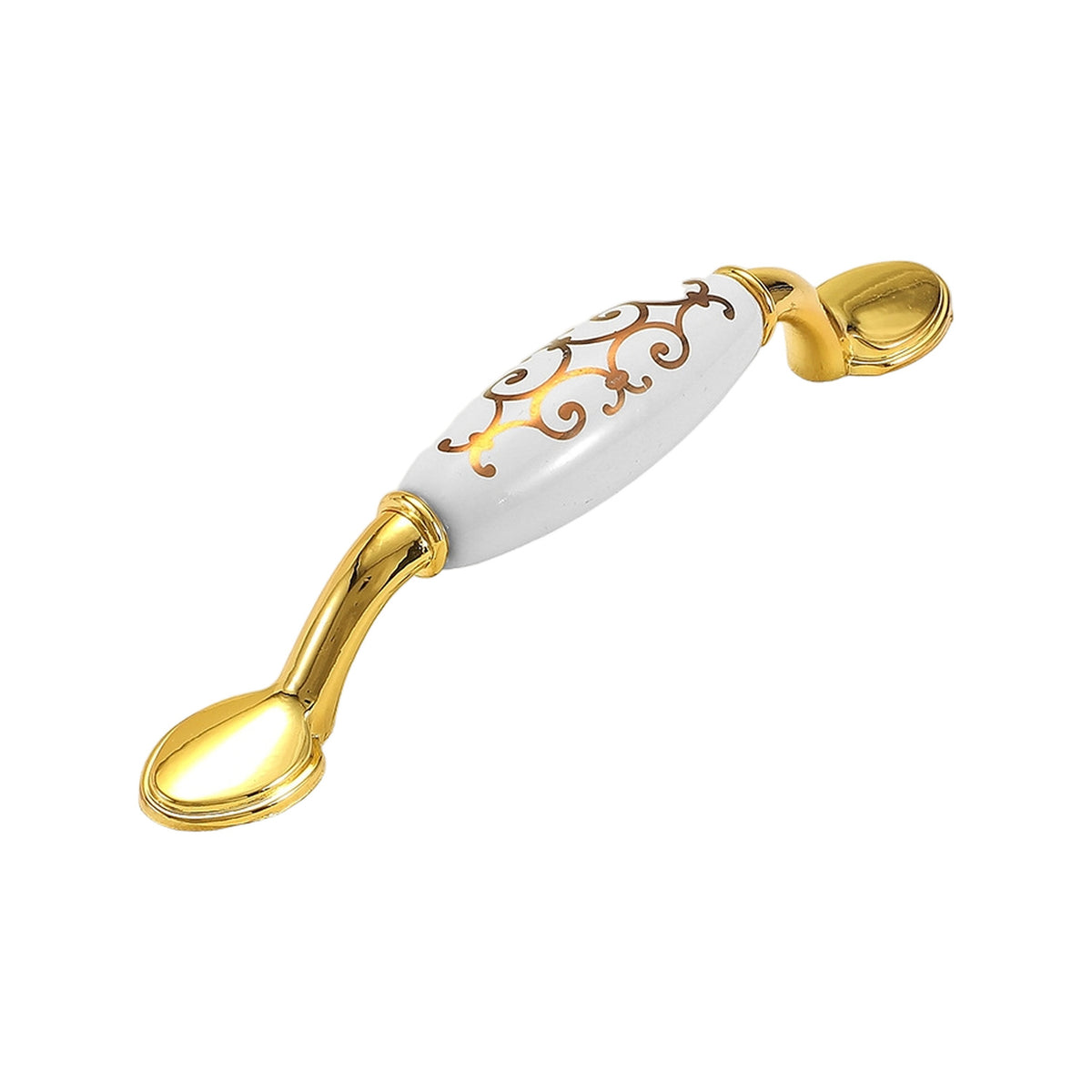 Bar pull with a white scroll-patterned grip and curved gold-tone mounts, option #9, 96 mm.