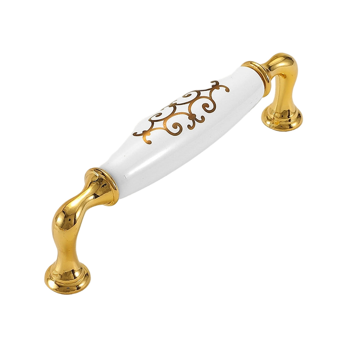 Bar pull with a white scroll-patterned grip and gold-tone pedestal mounts, option #10, 128 mm.