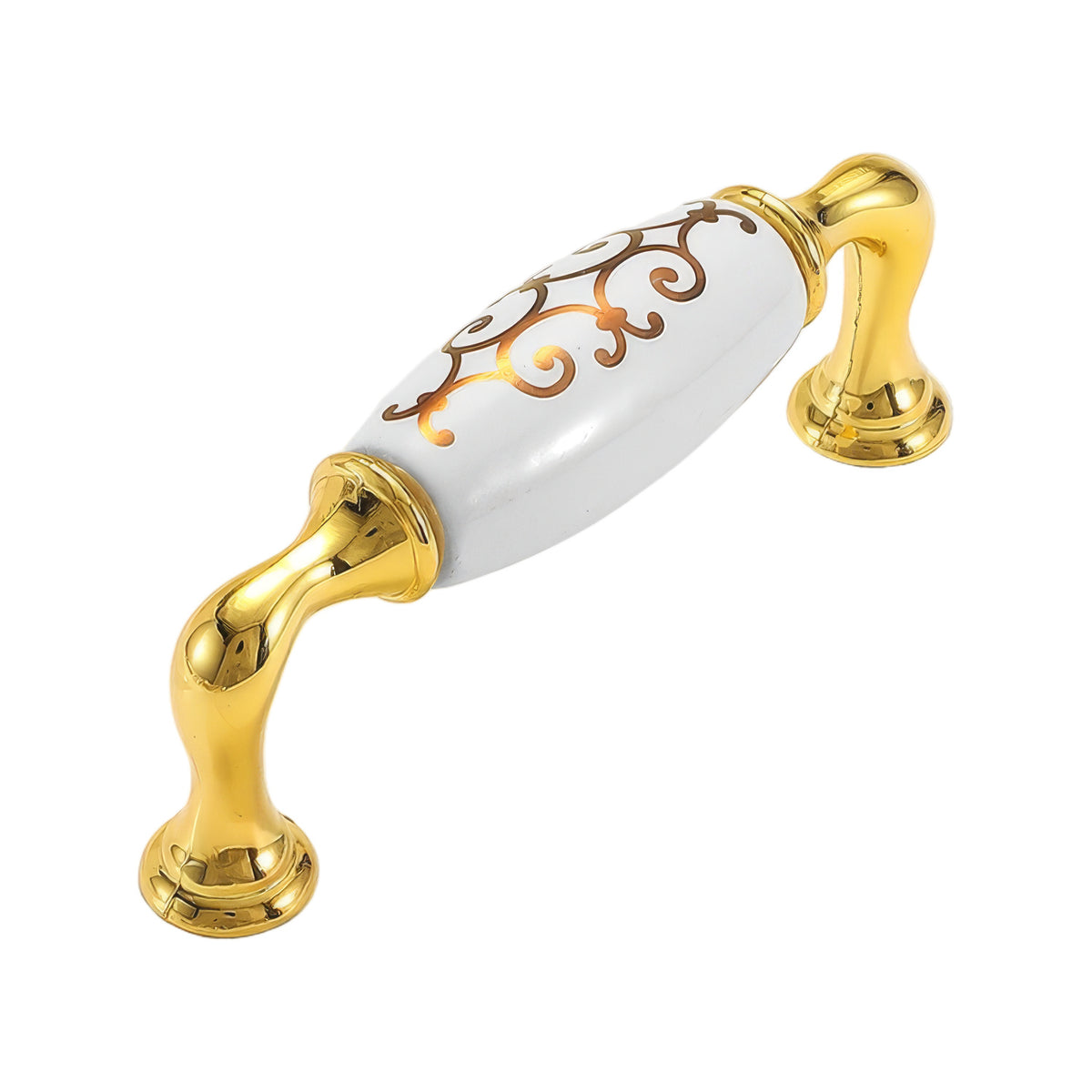 Bar pull with a white scroll-patterned grip and gold-tone pedestal mounts, option #10, 96 mm.