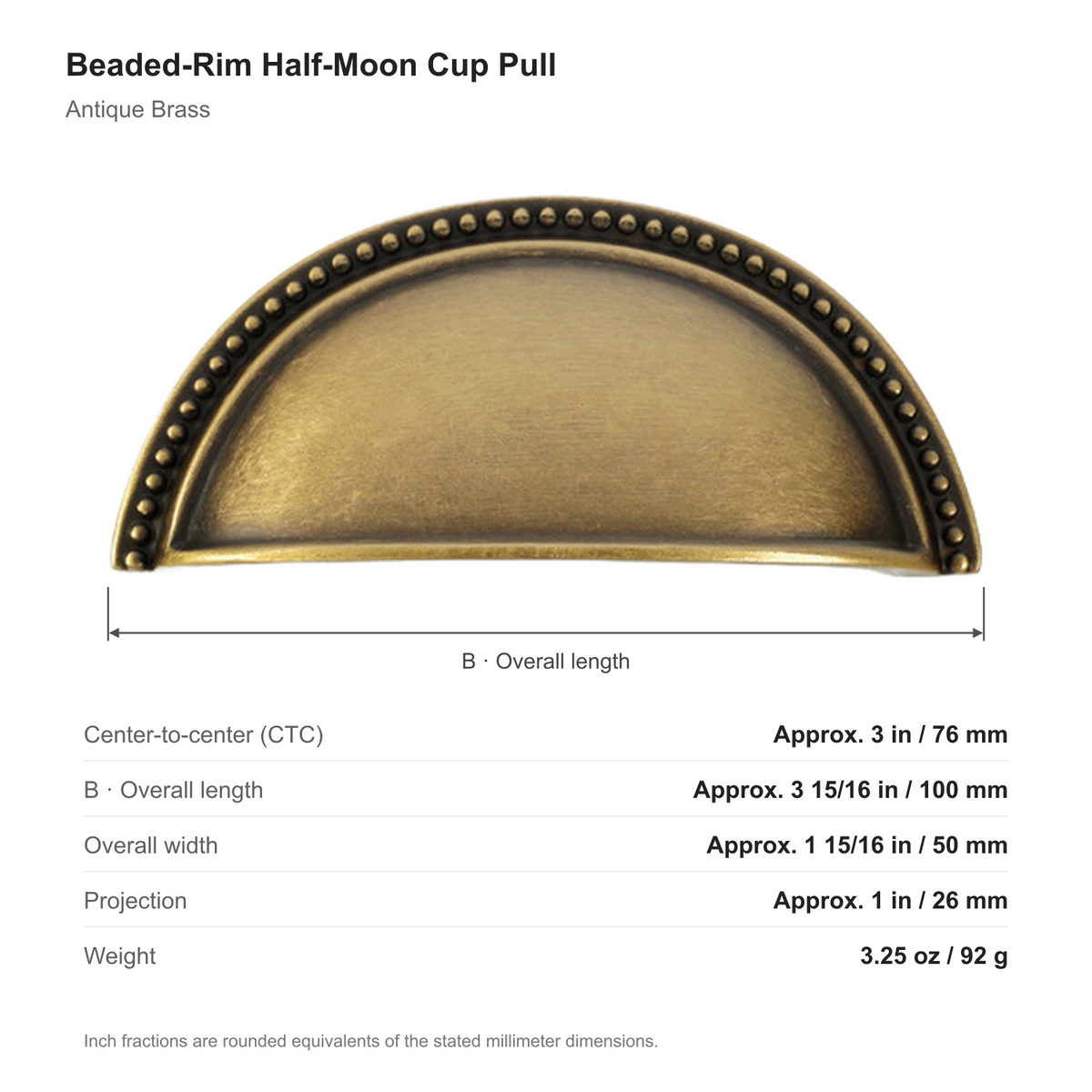Dimensions of the beaded-rim half-moon cup pull in Antique Brass: 76 mm center-to-center, 100 mm long, 50 mm wide and 26 mm projection.