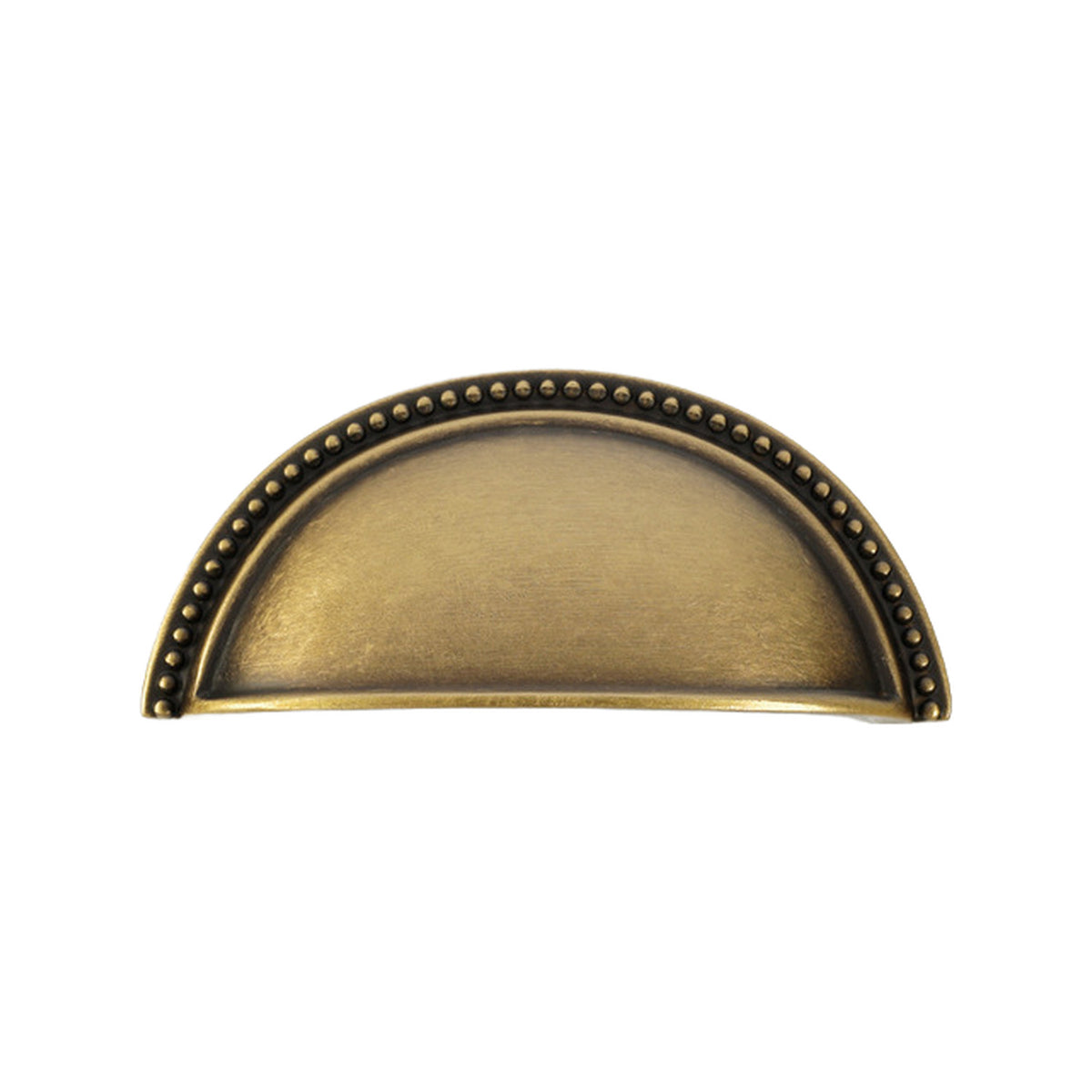 Beaded-Rim Half-Moon Cup Pull in Antique Brass, front view.