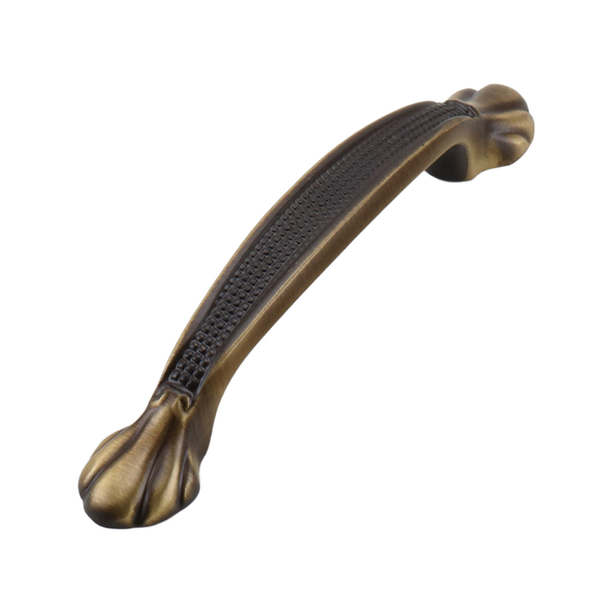 Antique bronze-tone curved bridge pull with sculpted ends, 96 mm, option No. 1.