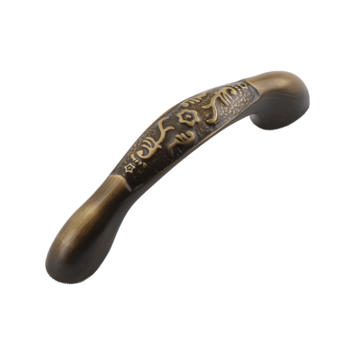 Antique bronze-tone curved bridge pull with an engraved center, 64 mm, option No. 2.