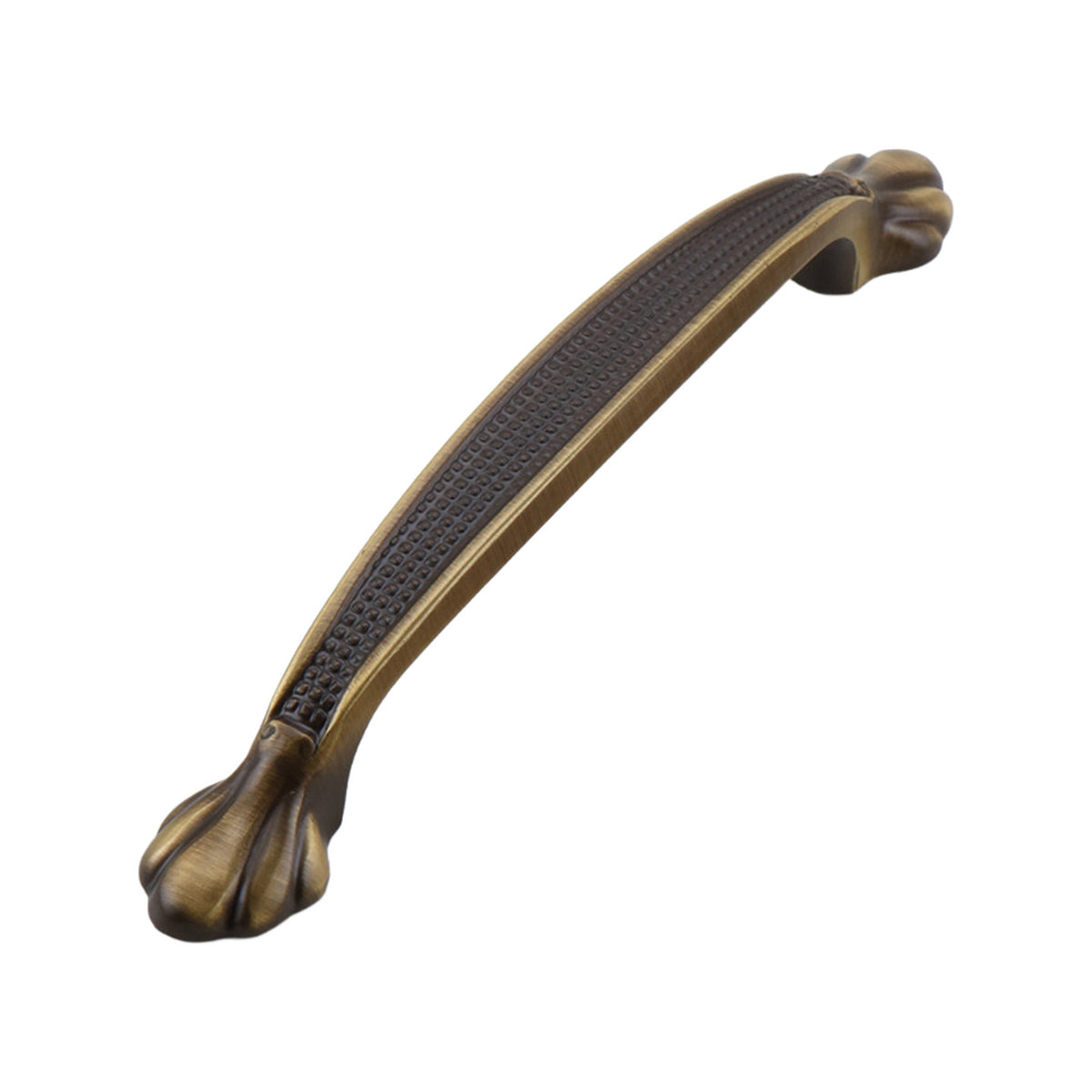 Antique bronze-tone curved bridge pull with a ribbed center and sculpted ends, 128 mm, option No. 1.