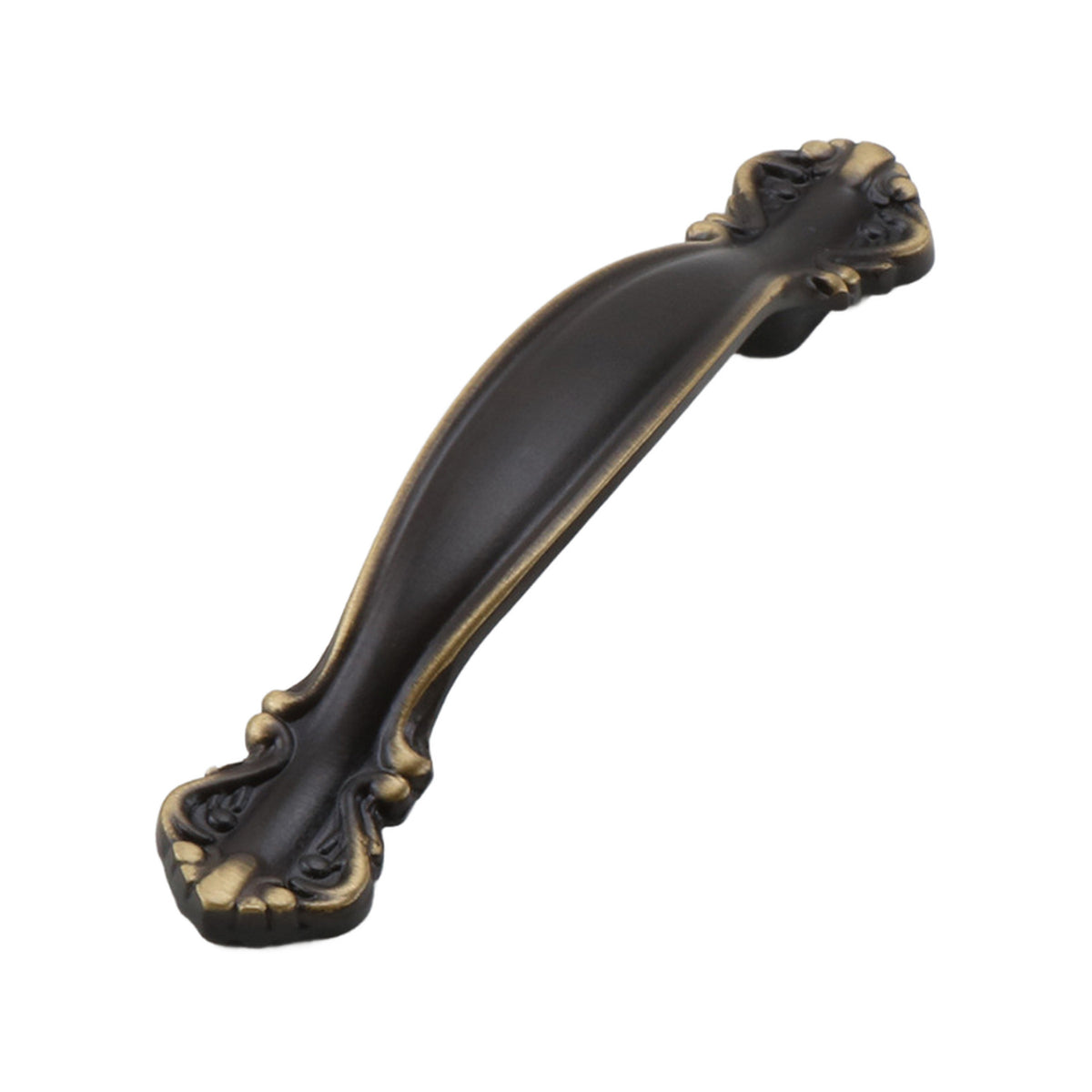 Antique bronze-tone curved bridge pull with sculpted scalloped ends, 64 mm, option No. 3.