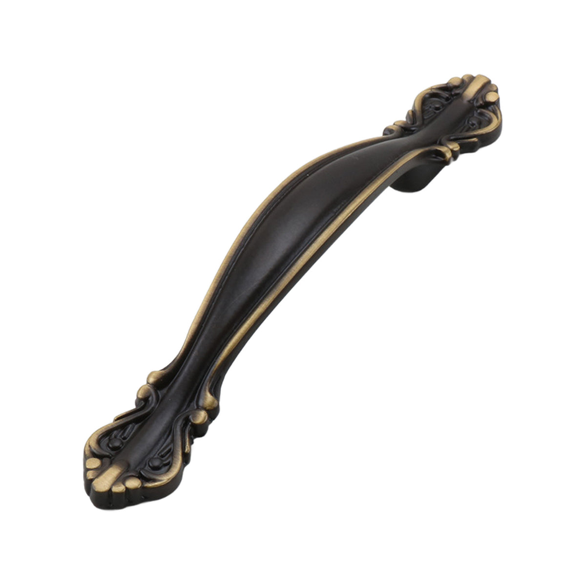 Antique bronze-tone curved bridge pull with sculpted scalloped ends, 96 mm, option No. 3.