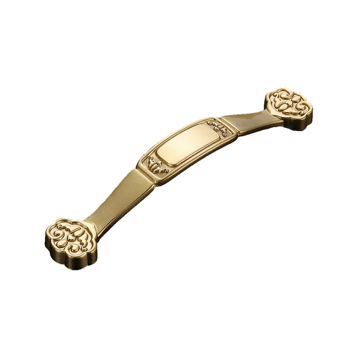 Arched gold-tone bridge pull with a pale center plaque and floral ends, option #8, 128 mm.