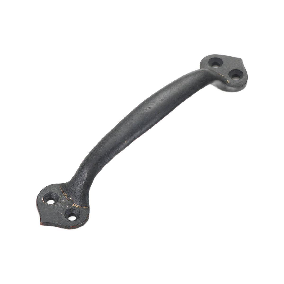 Black arched bridge pull with round perforated mounting plates, 115 mm.