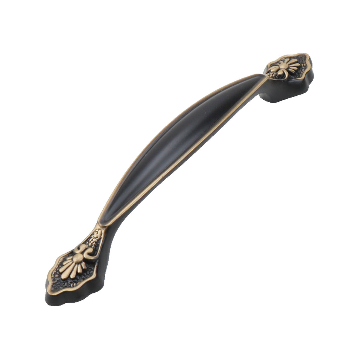 Black curved bridge pull with gold-tone floral ends, option No. 6, 128 mm.