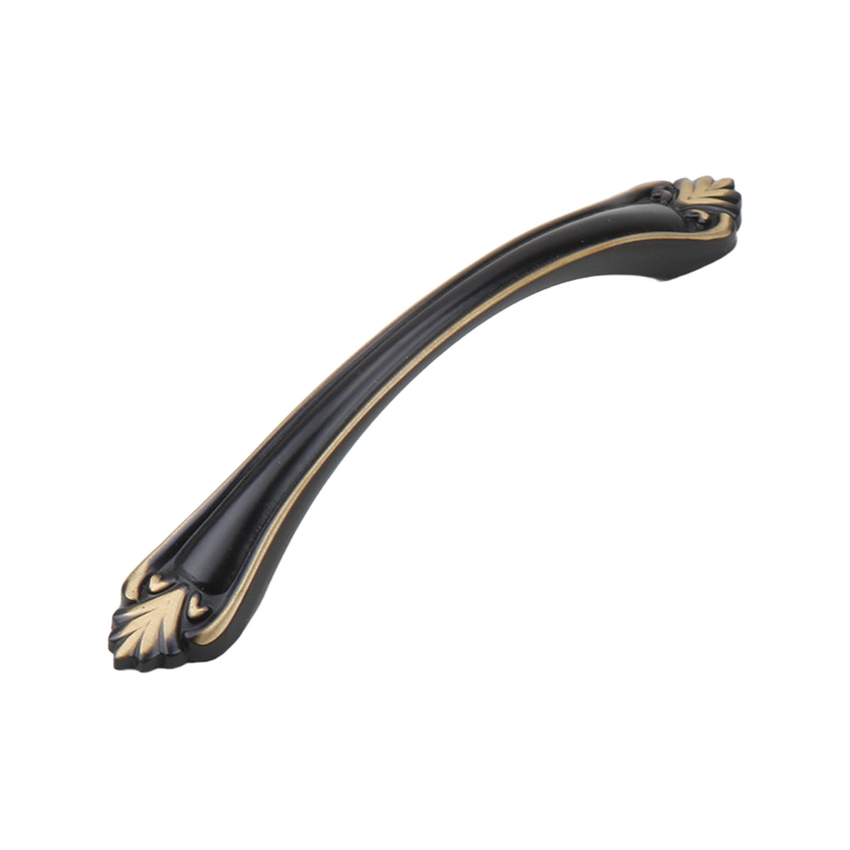 Black curved bridge pull with gold-tone leaf-shaped ends, option No. 1, 96 mm.