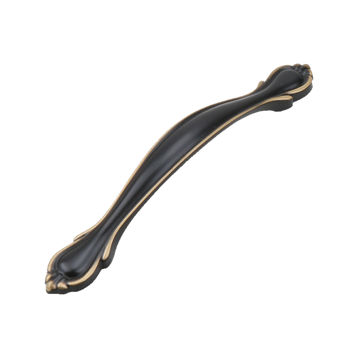 Black curved bridge pull with gold-tone leaf-shaped ends, option No. 3, 128 mm.