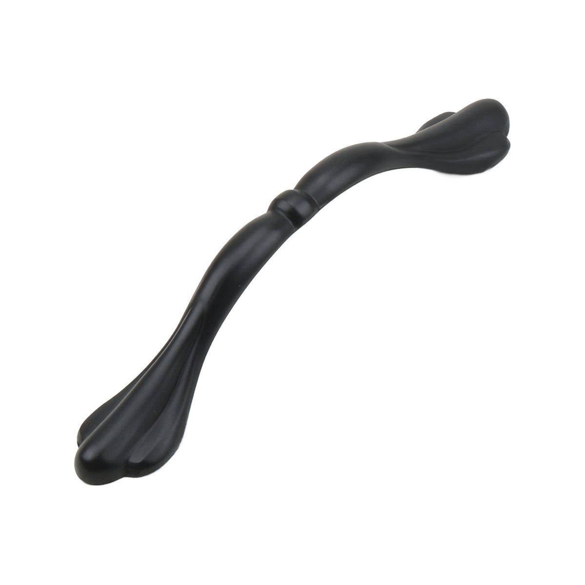 Black curved bridge pull with leaf-shaped ends and a center collar, option No. 2, 96 mm.