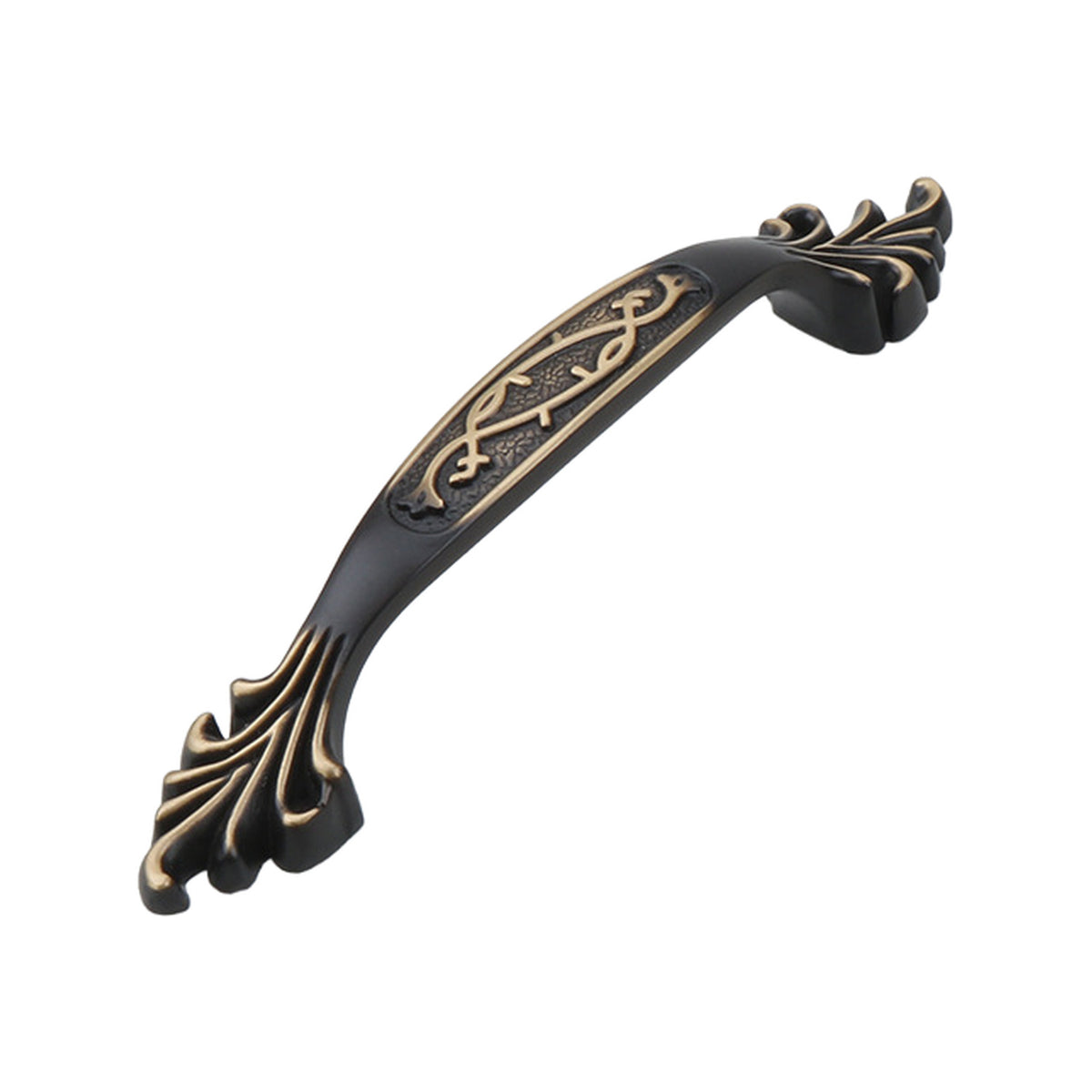 Black curved bridge pull with gold-tone floral engraving and ornate ends, option No. 2, 96 mm.