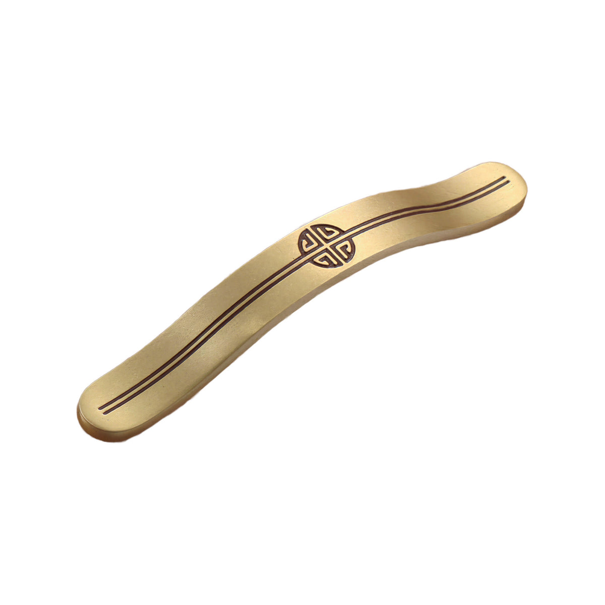 Brass-tone curved bridge pull with a central round motif, 128 mm, option No. 1.