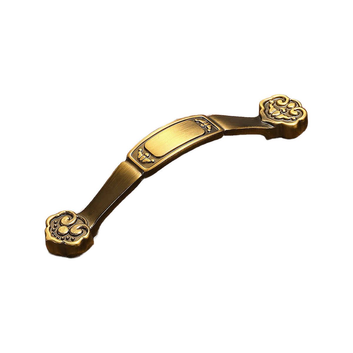 Bronze-tone arched bridge pull with a gold-tone center plaque and ornate ends, option No. 10, 96 mm.