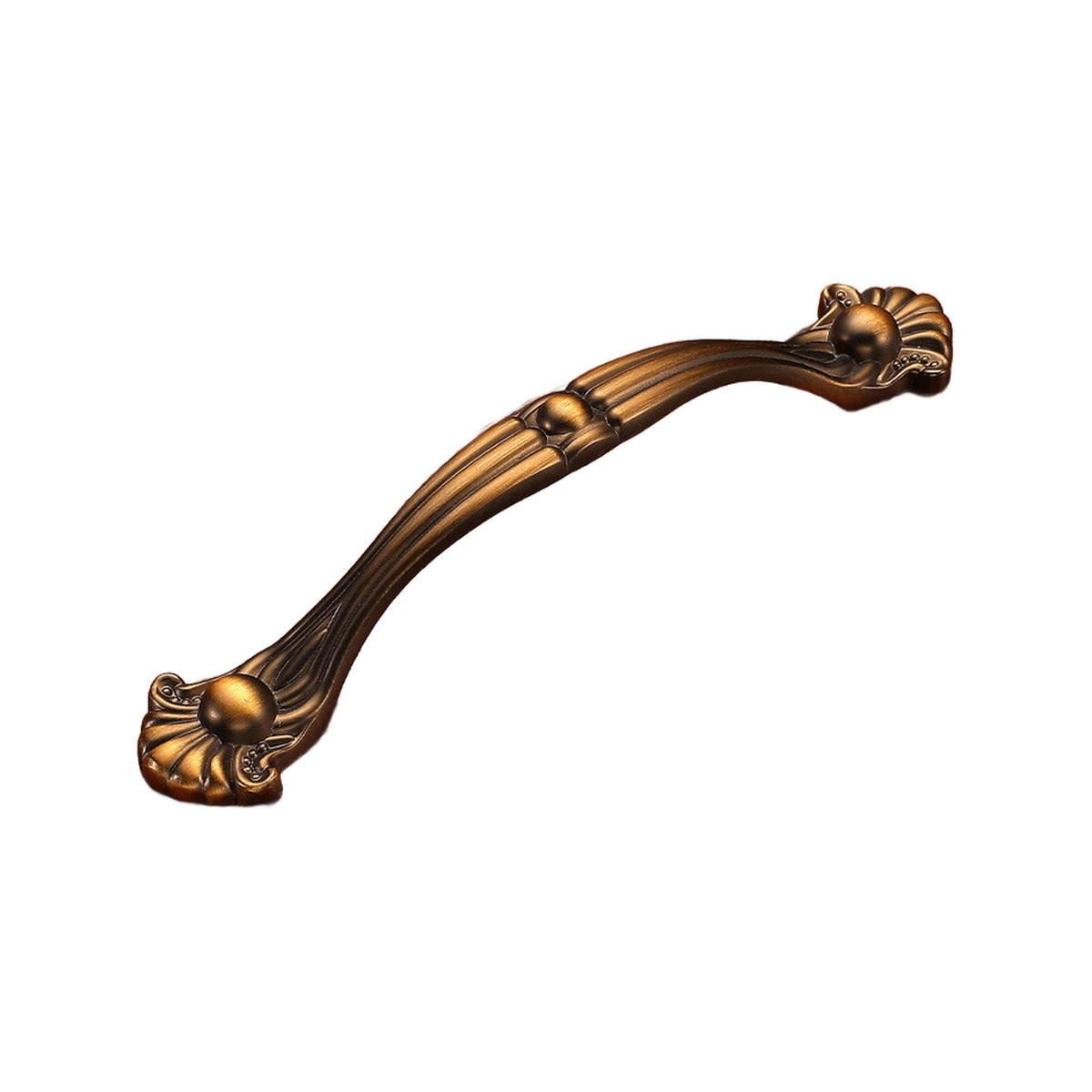 Bronze-tone curved bridge pull with a center collar and sculpted floral ends, option No. 19, 128 mm.