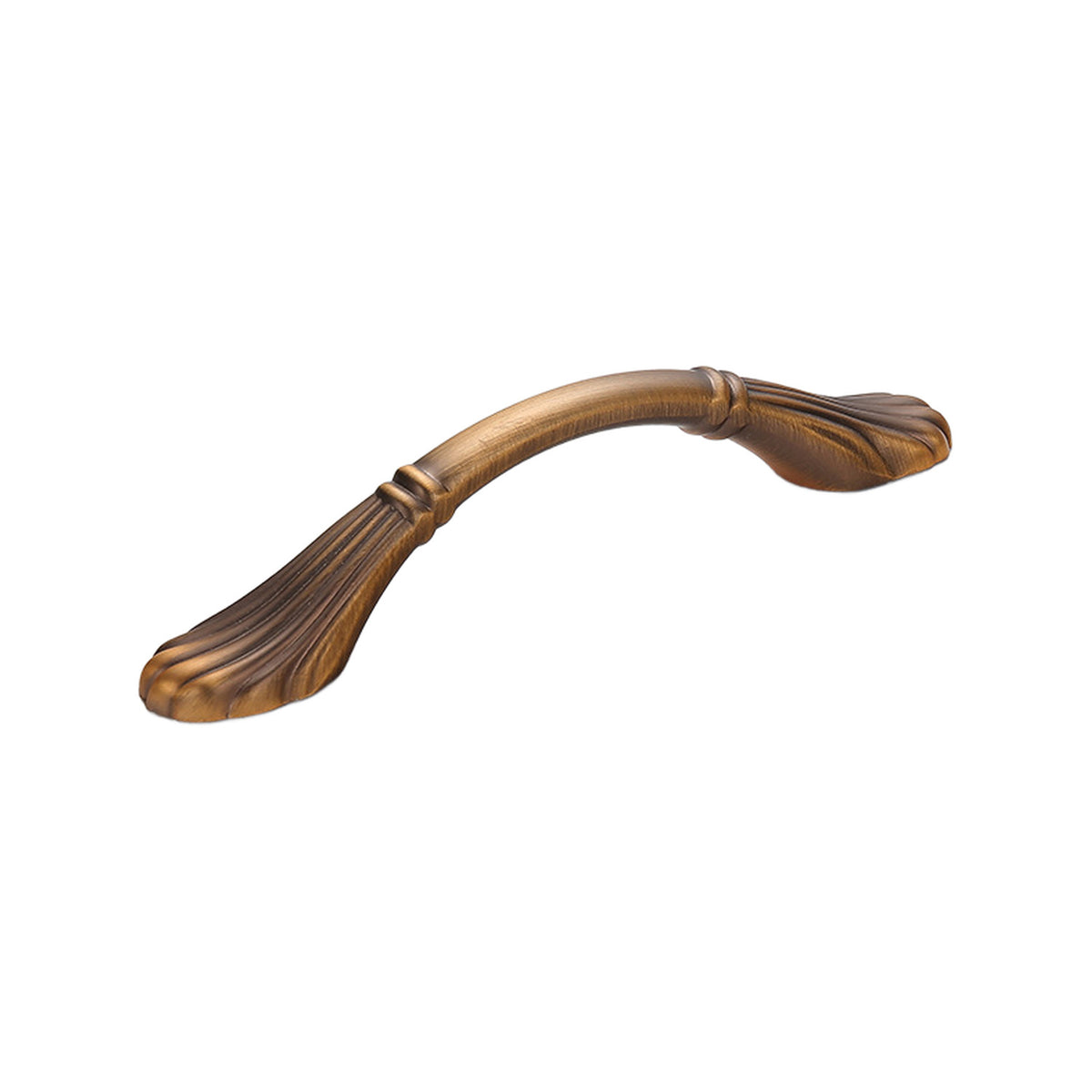 Bronze-tone curved bridge pull with fluted end plates, 96 mm.