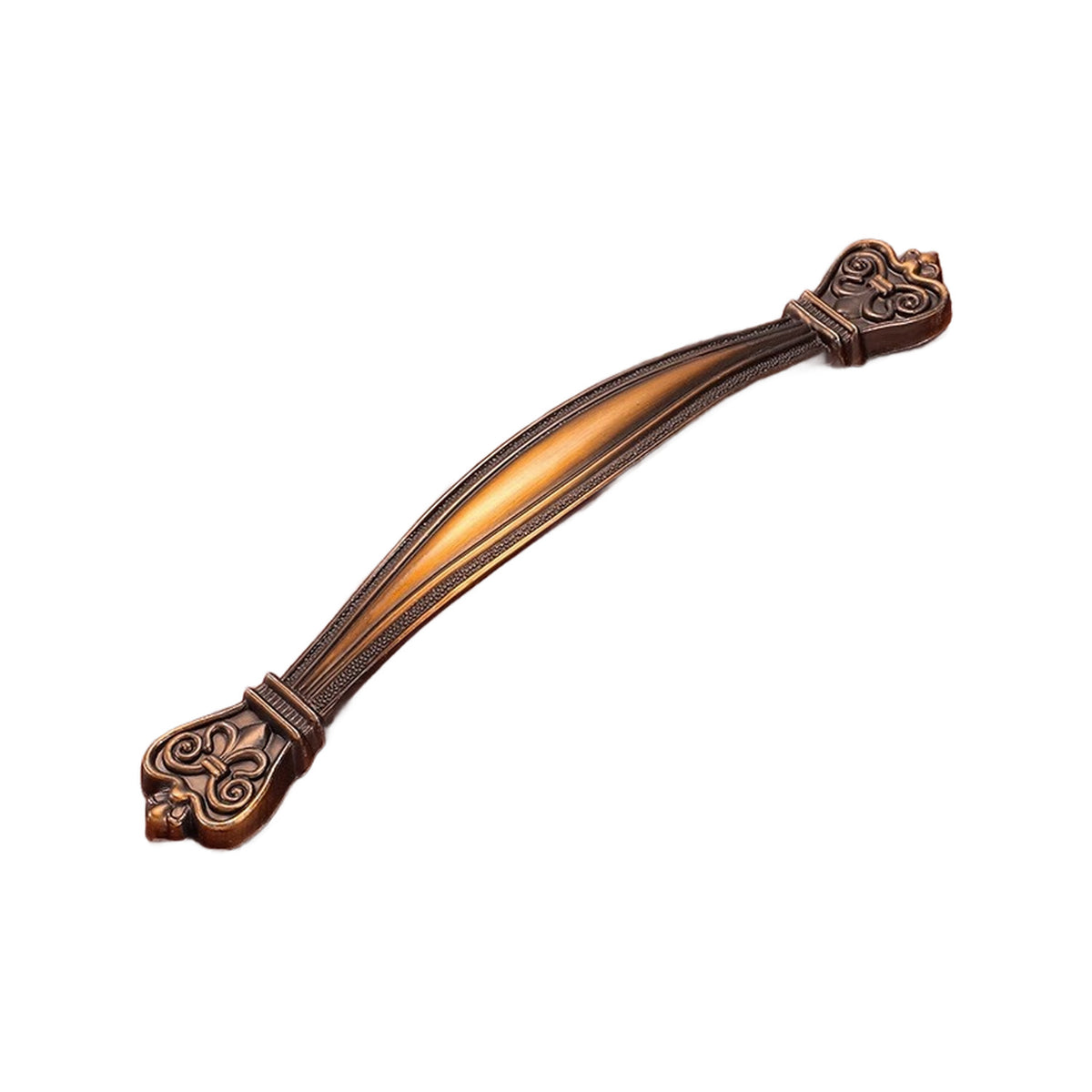 Bronze-tone curved bridge pull with ornate square ends, option No. 12, 128 mm.