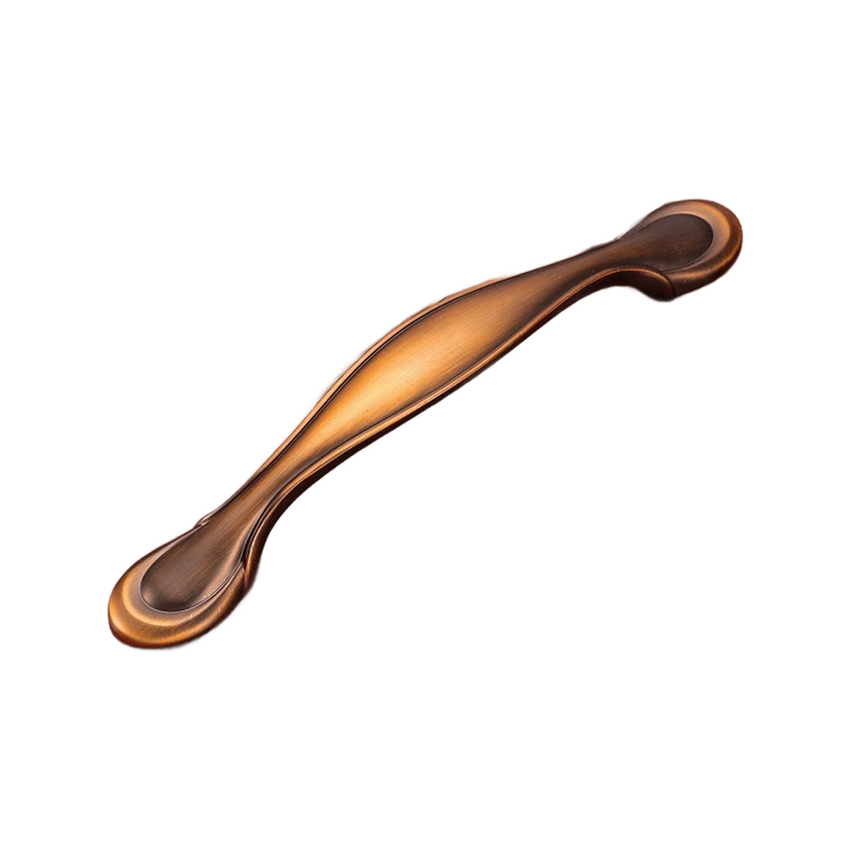 Bronze-tone curved bridge pull with scroll-shaped ends, option No. 15, 128 mm.
