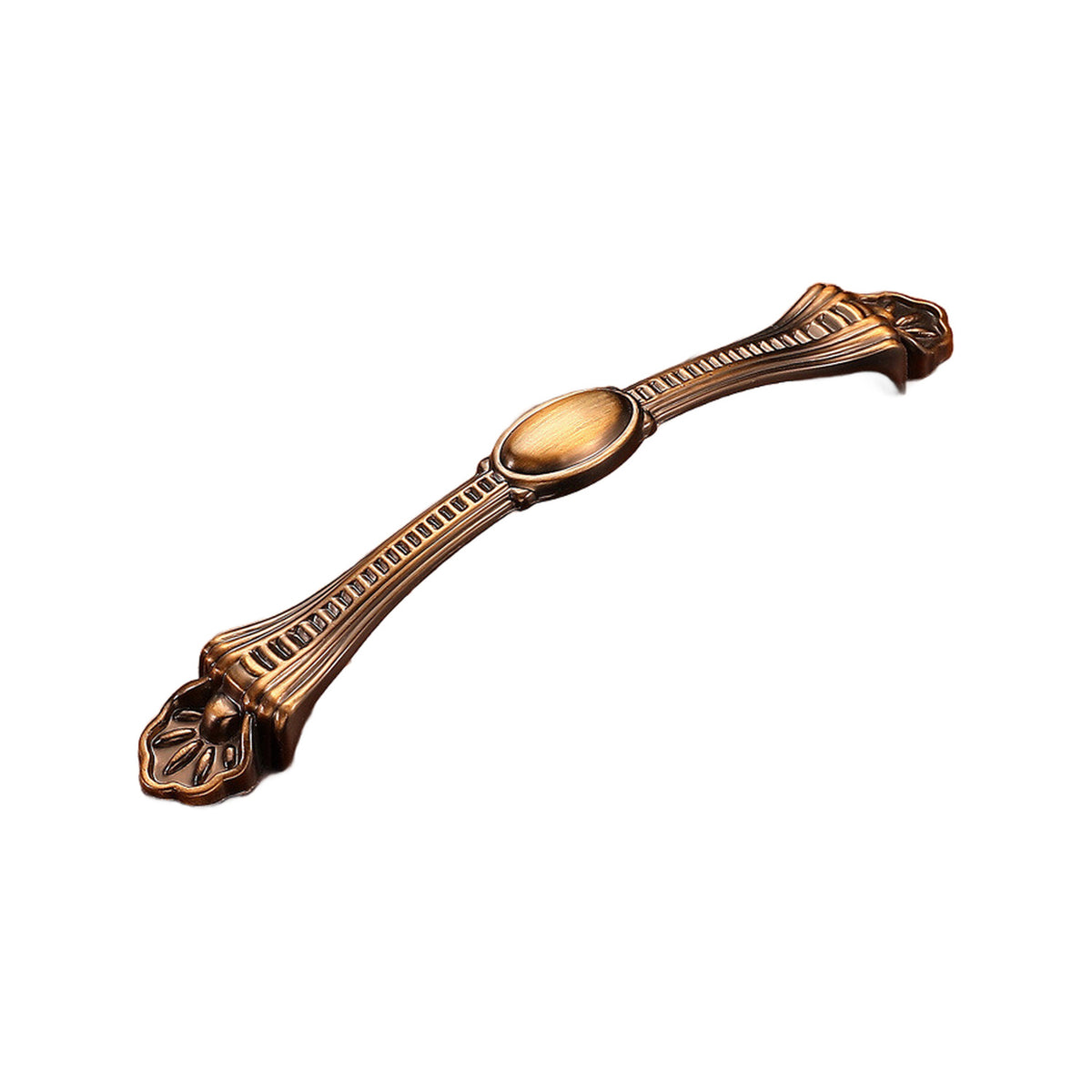 Bronze-tone bridge pull with an oval center and ornate flared ends, option No. 18, 128 mm.