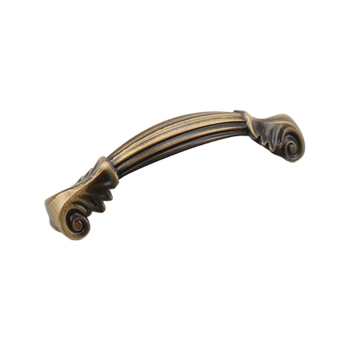 Coffee bronze arched bridge pull with a fluted bar and scroll ends, 72 mm.