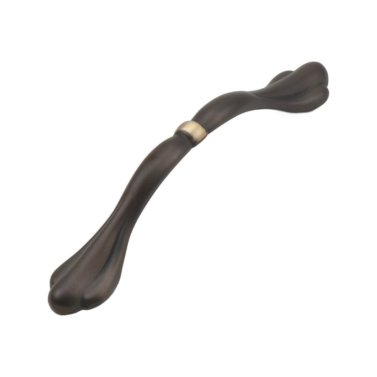 Coffee brown curved bridge pull with leaf-shaped ends and a center collar, option No. 2, 96 mm.