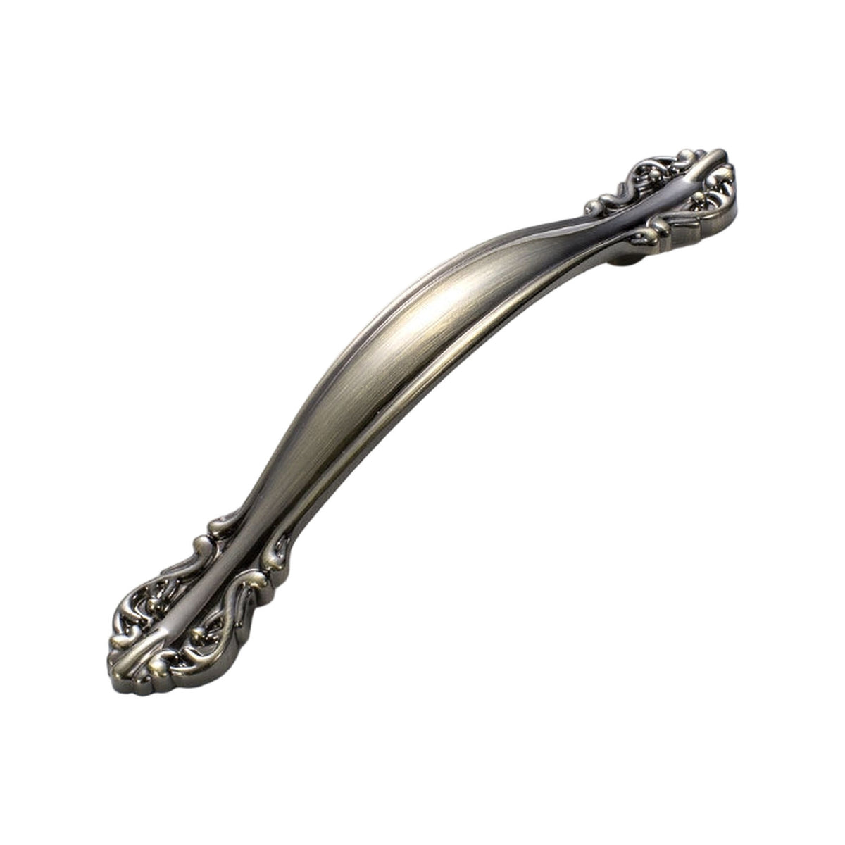 Bronze-colored curved bridge pull with decorated ends, variant #12 (96 mm).