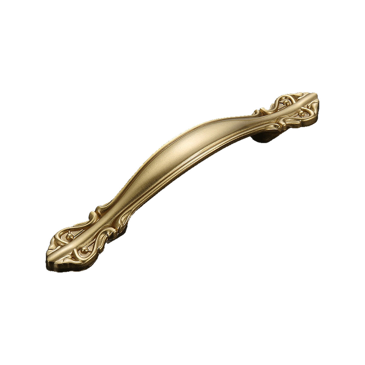 Curved gold-tone bridge pull with ornate floral end plates, option #7, 96 mm.