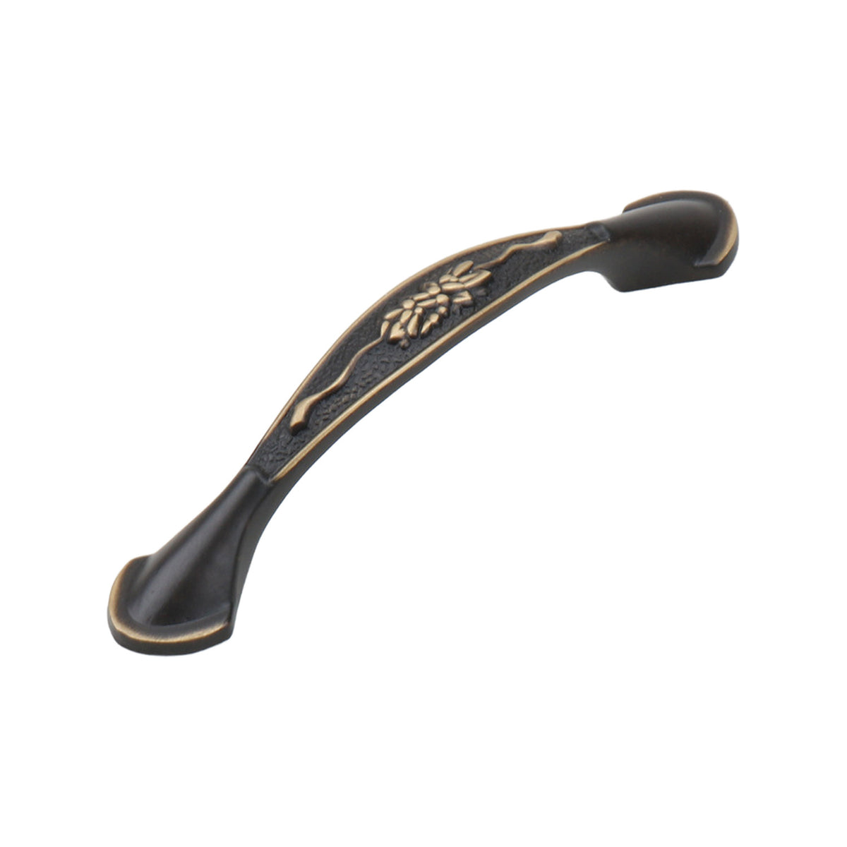 Dark antique-tone arched bridge pull with a gold-tone leaf center, 96 mm, option No. 11.