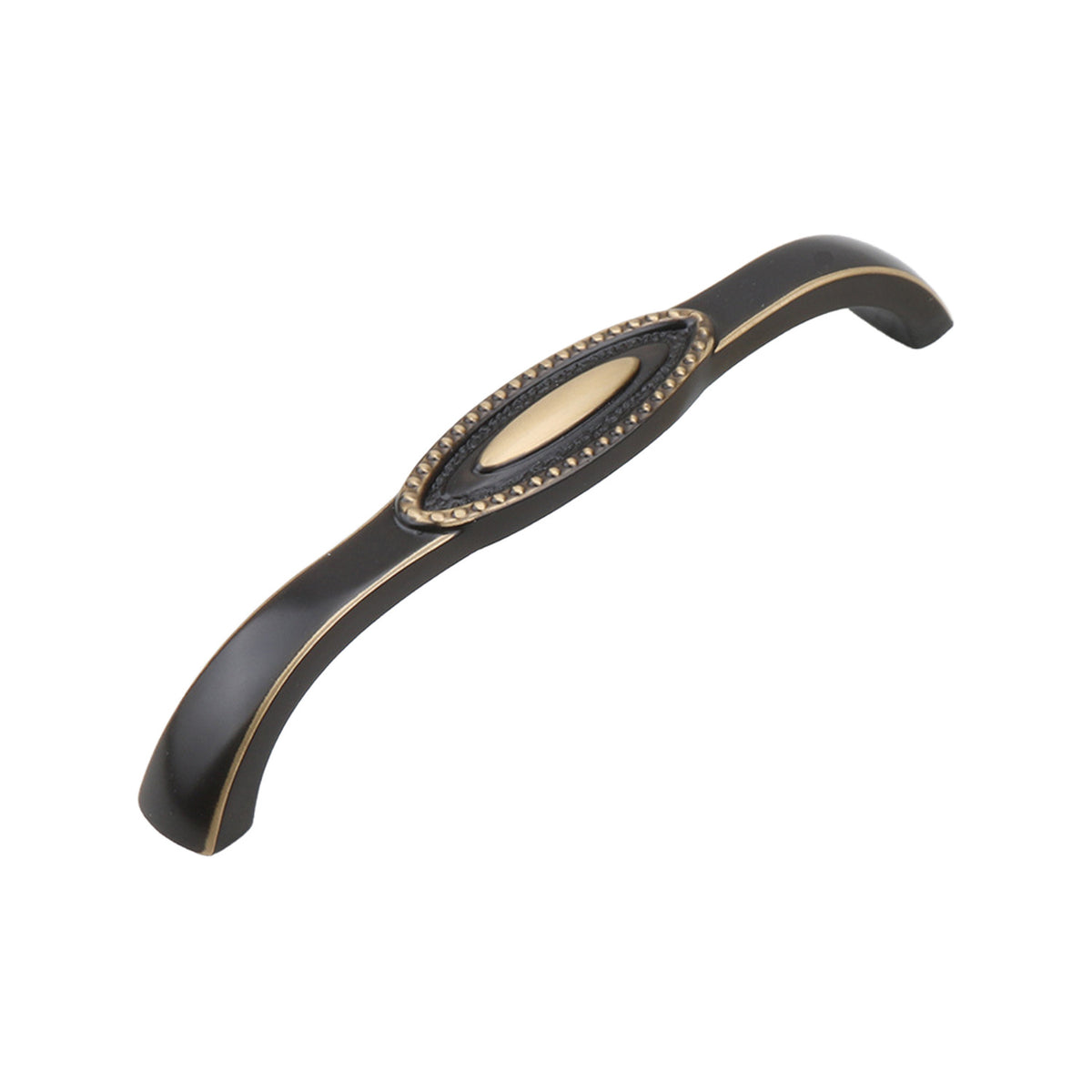 Dark antique-tone arched bridge pull with an oval gold-tone center detail, 128 mm, option No. 9.