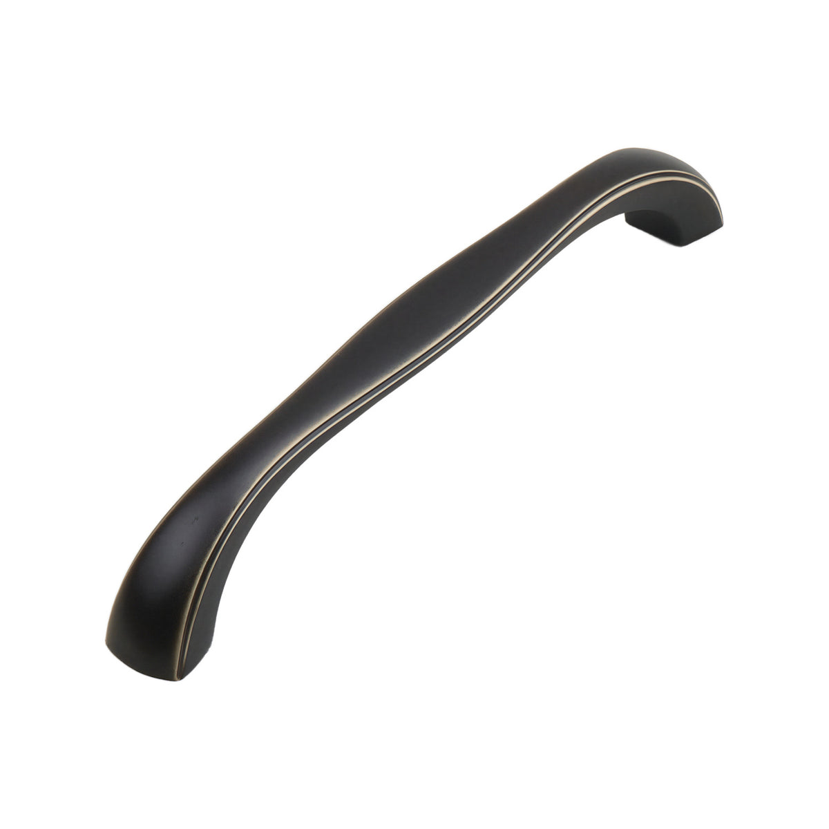 Dark bronze arched bridge pull with a fine gold-tone edge, option No. 5, 142 mm.