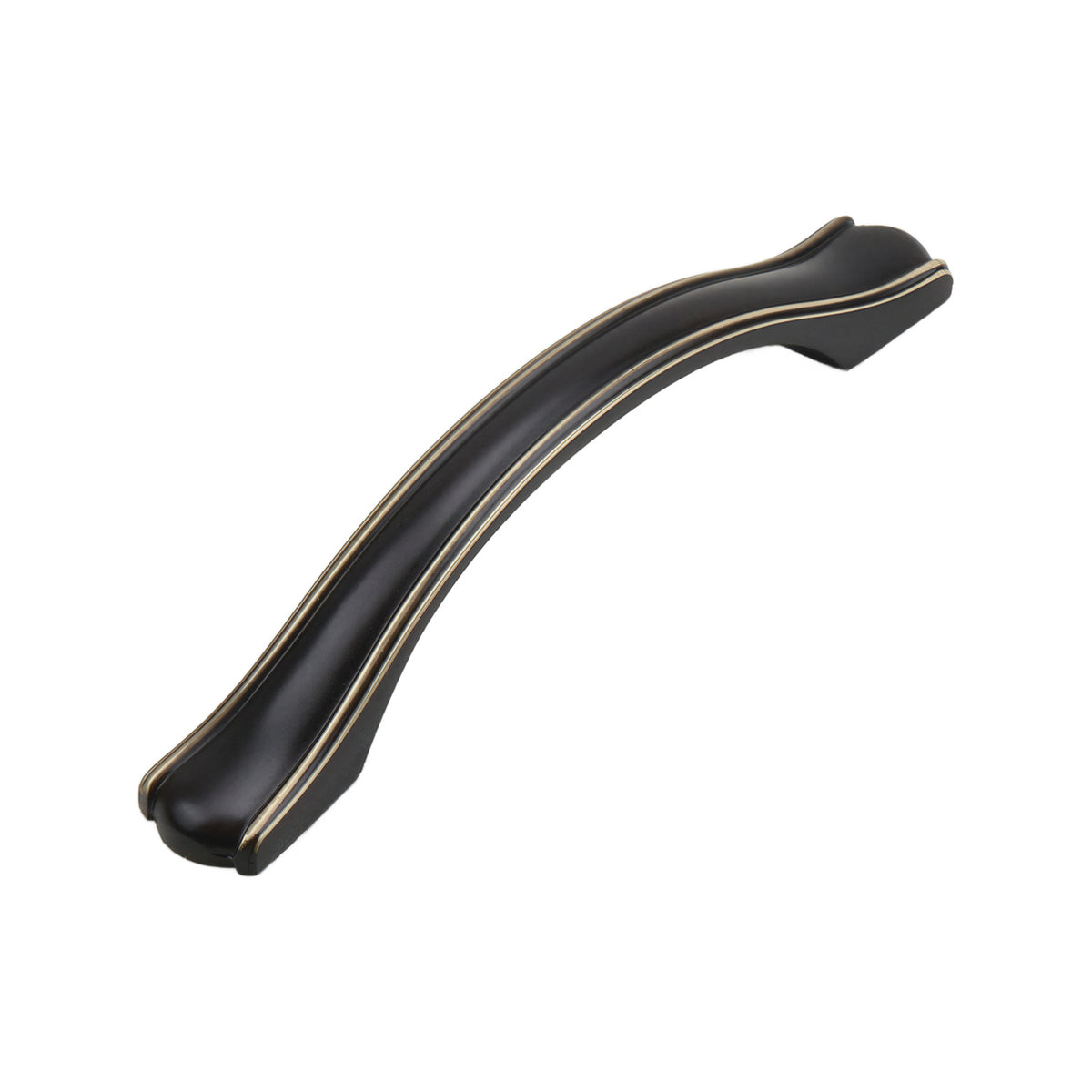 Dark bronze arched bridge pull with gold-tone edging, option No. 4, 134 mm.