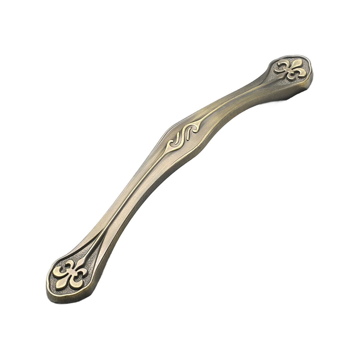 Curved bridge pull with fleur-de-lis motifs at both ends and scrollwork along the grip, variant #14, 128 mm.