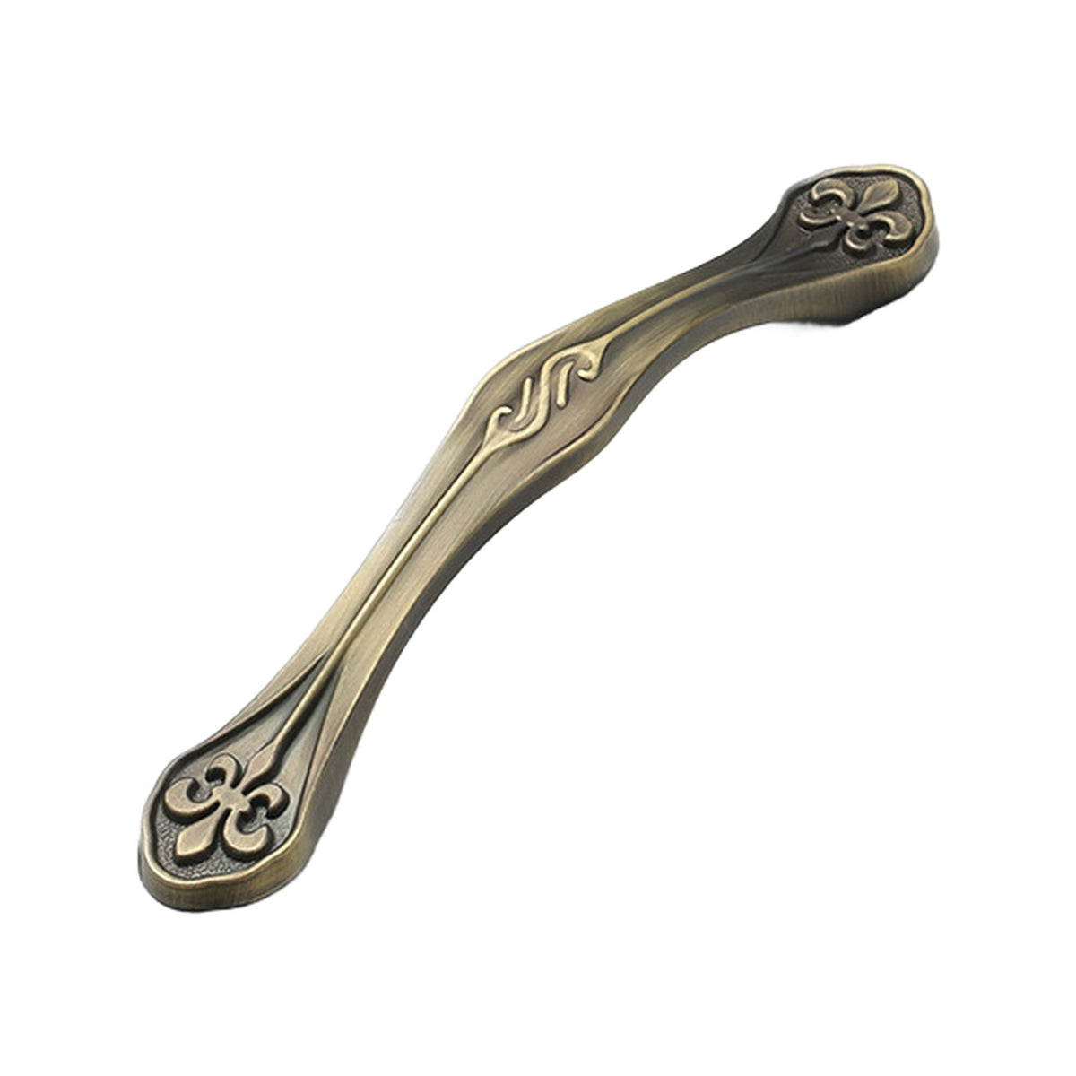 Curved bridge pull with fleur-de-lis motifs at both ends and scrollwork along the grip, variant #14, 96 mm.