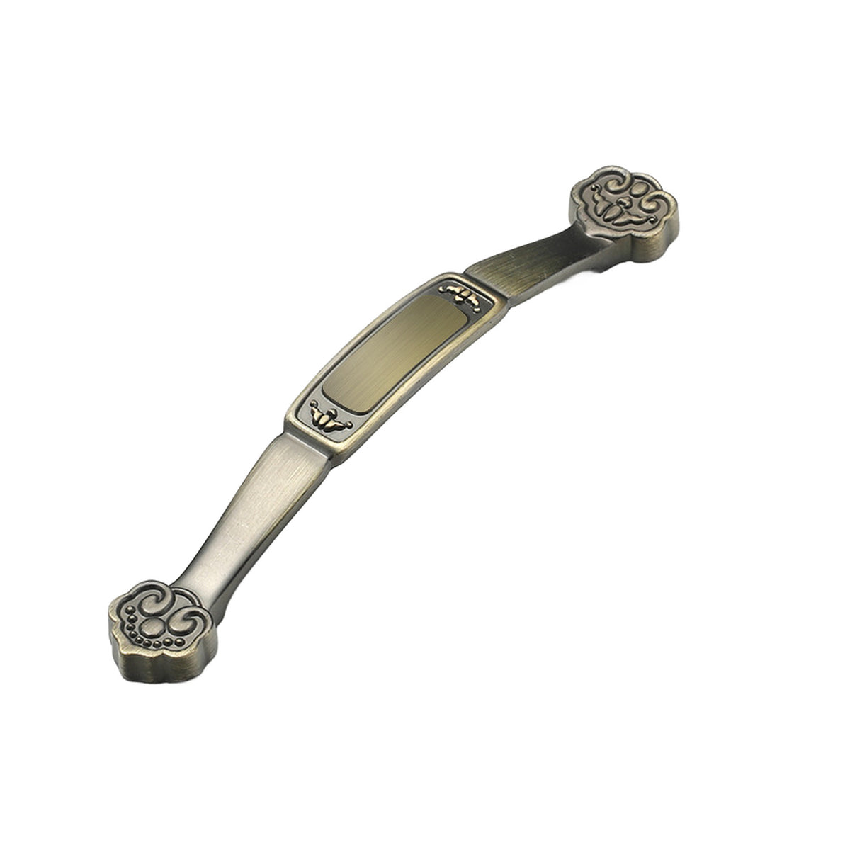 Ornate bridge pull with floral scroll ends and a raised center panel, variant #18, 128 mm.