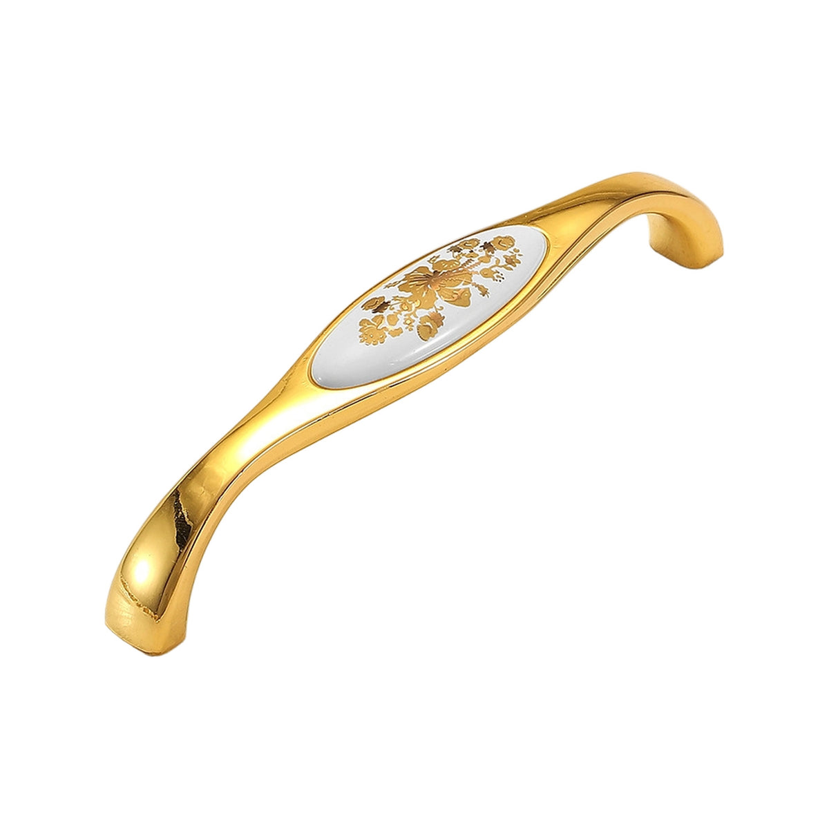 Gold-tone bridge pull with a white oval floral inlay, option #4, 128 mm.