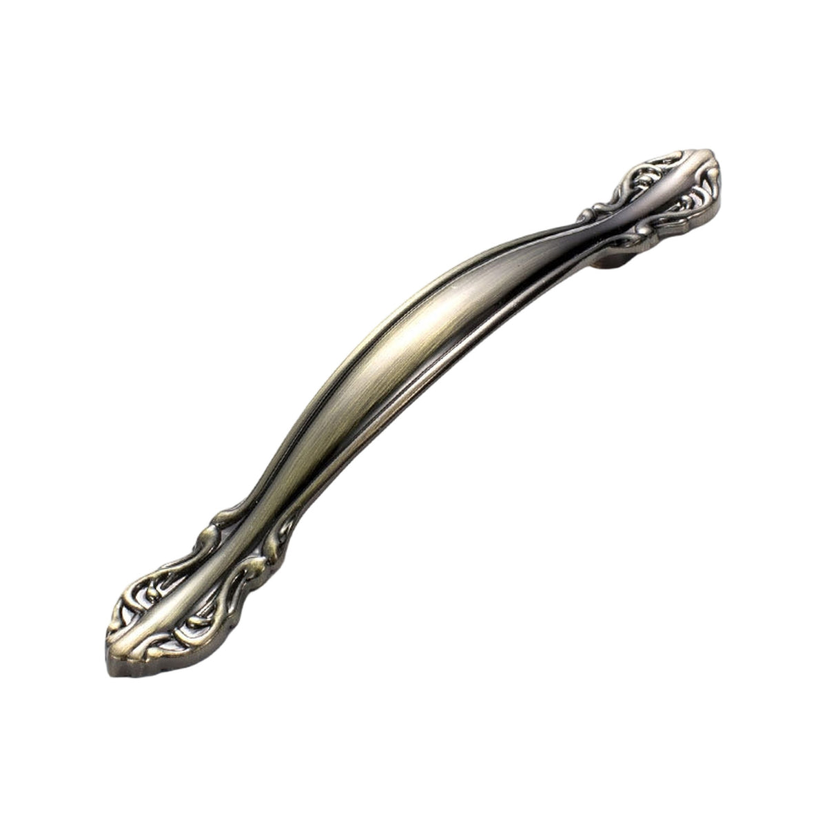 Ornate curved bridge pull with scrollwork on both ends, variant #12, 128 mm.
